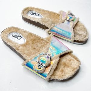GBG LOS ANGELES Women's Multicolor Metallic Slide Sandal Size 9.5 Faux Fur Cork